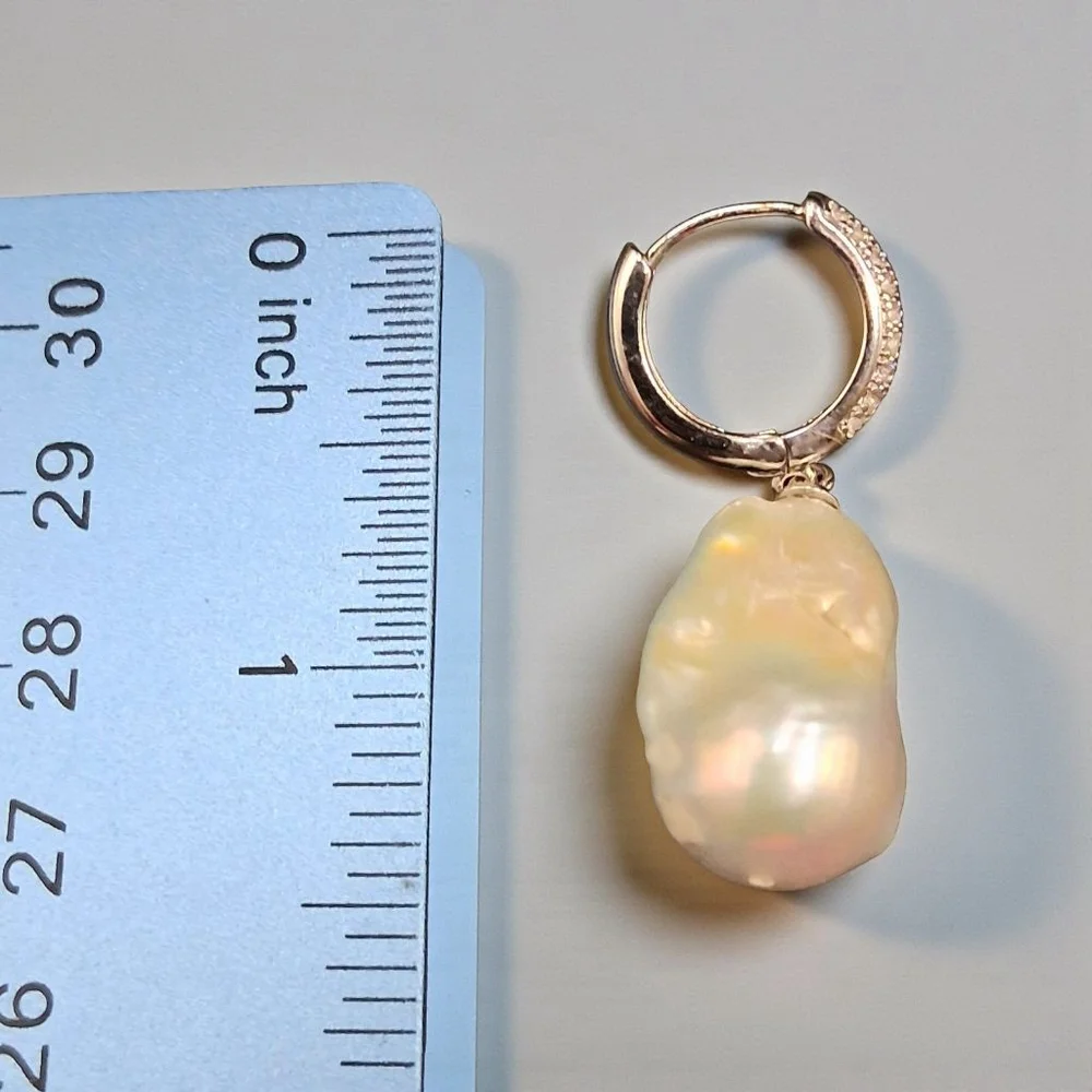 Sterling Silver 16MM Baroque Pearl & White Zircon Huggie Style Earrings - Picture 4 of 5